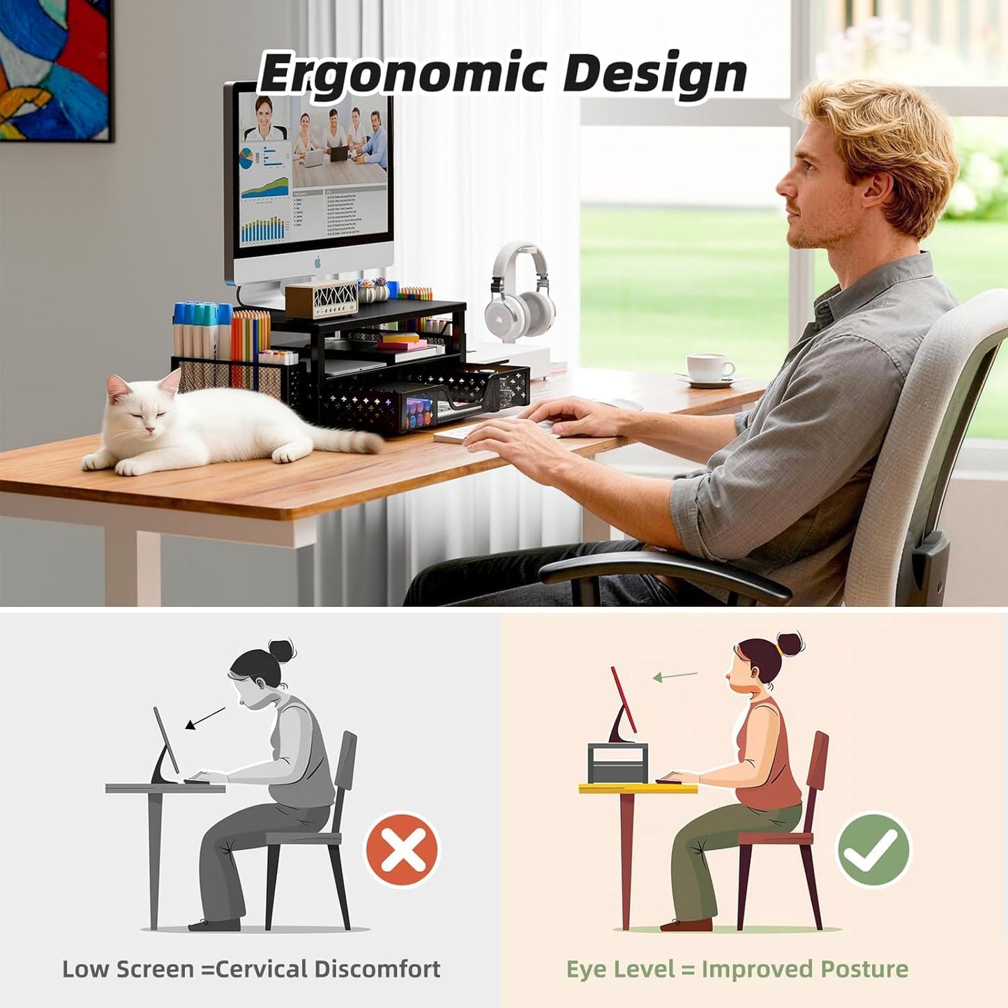 Simple Trending Desk Organizer and Accessories, Monitor Stand Riser, Black