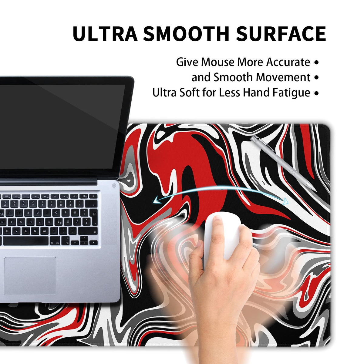 aportt Black Red Swirl Gaming Mouse Pad XL Gray Marble Grey Fluid Design Extended Large Mat