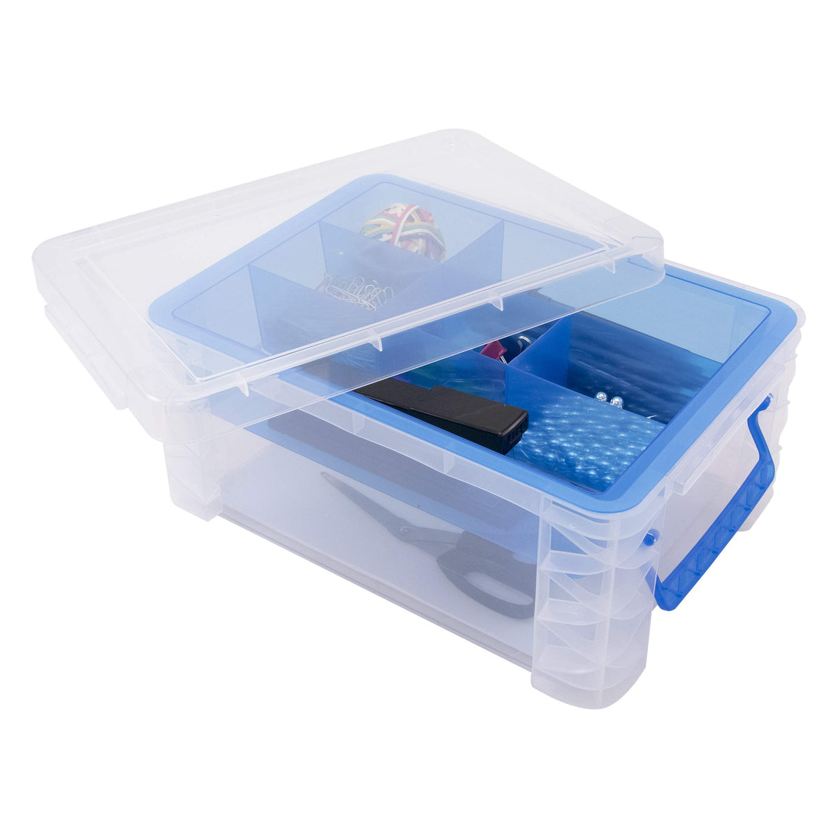 Advantus Super Stacker Divided Storage Box, 6 Sections, 6.5" x 10.3" x 14.3", Clear/Blue