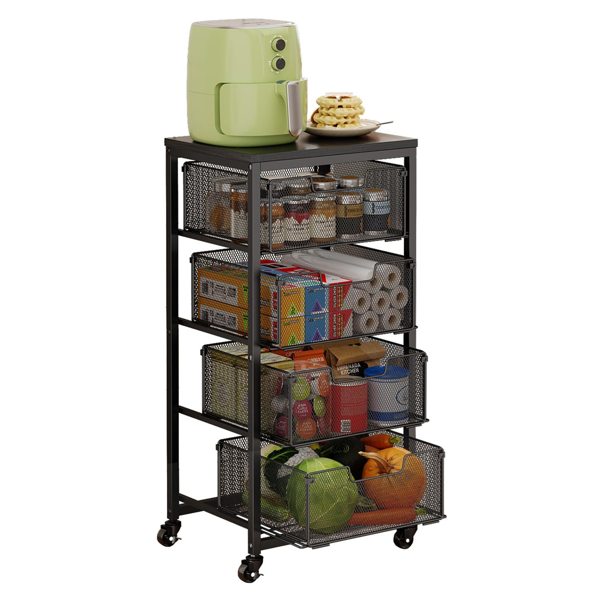 4-Tier Fruit Vegetable Storage Cart - Kitchen Organizer and Storage Cart with Wheels, Wooden Top