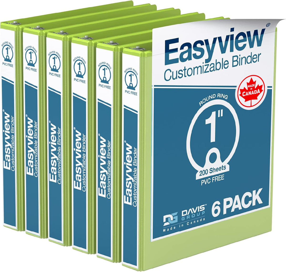 Easyview 3-Ring Binder, Clear-View Cover, 1" Round Rings, Lime Green, 6 Pk