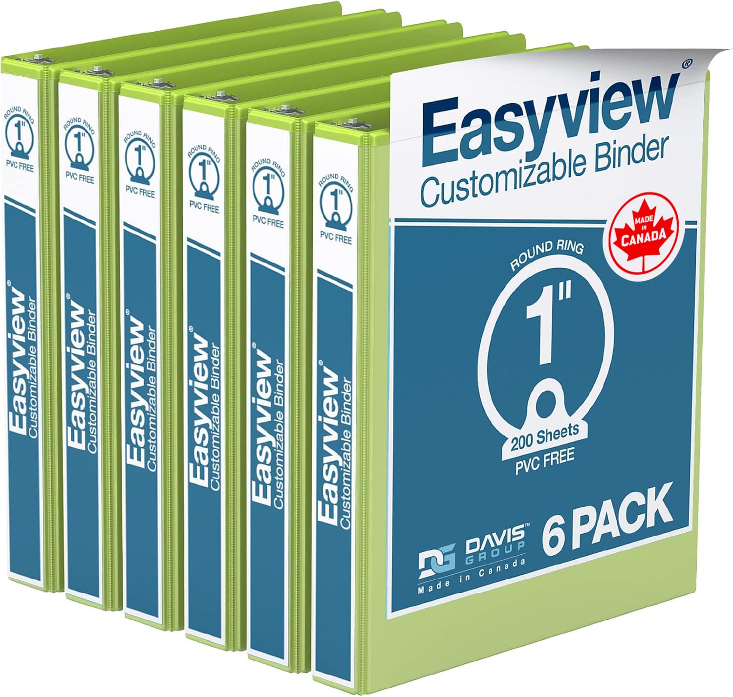 Easyview 3-Ring Binder, Clear-View Cover, 1" Round Rings, Lime Green, 6 Pk
