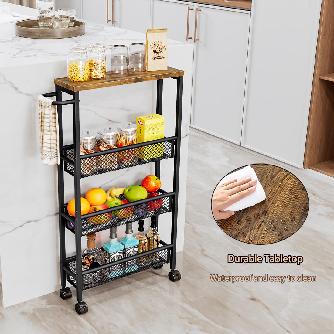AZERPIAN Slim Rolling Cart 4 Tier Narrow Storage Cart on Wheels with Handle