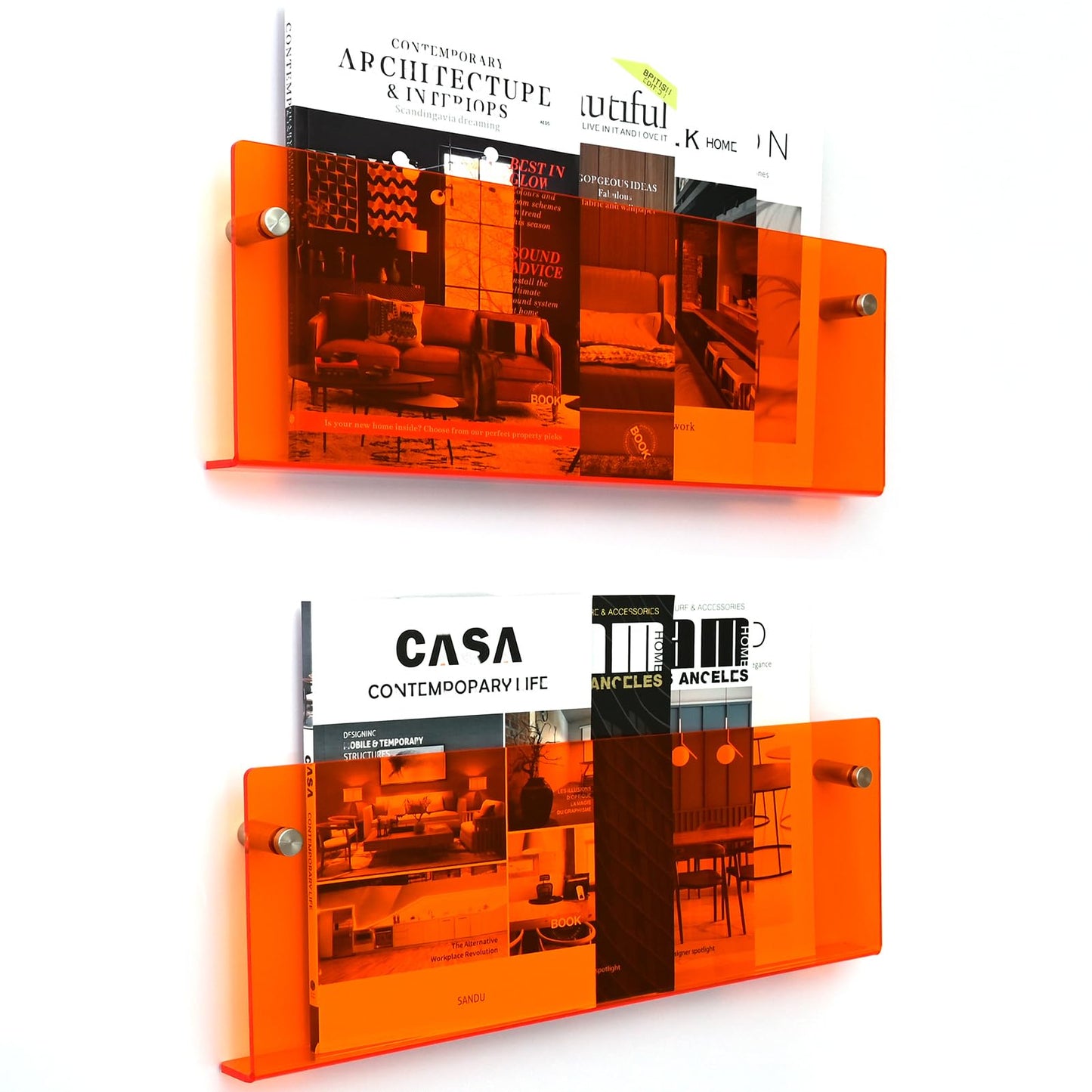 XOHYW 2 Pack Orange Acrylic Magazine Holder, Wall Mount Hanging Bookshelf Literature Storage Rack