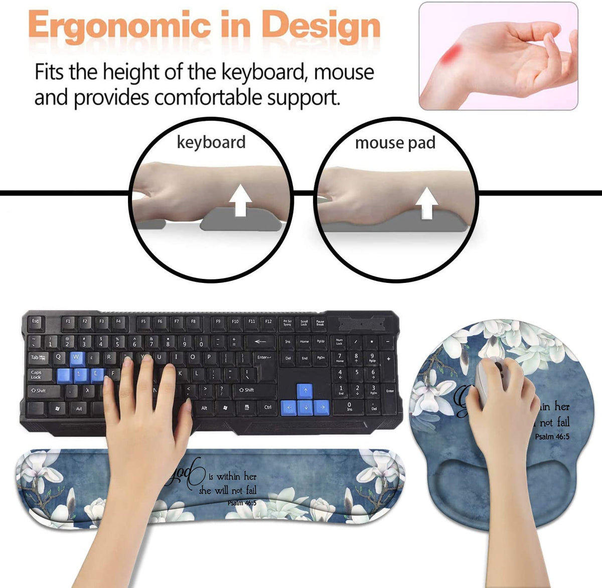 Keyboard Wrist Rest + Mouse Pad Wrist Support Set with Coasters, Non-Slip PU Base Ergonomic
