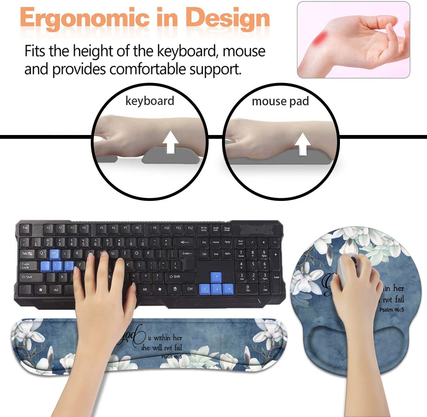 Keyboard Wrist Rest + Mouse Pad Wrist Support Set with Coasters, Non-Slip PU Base Ergonomic