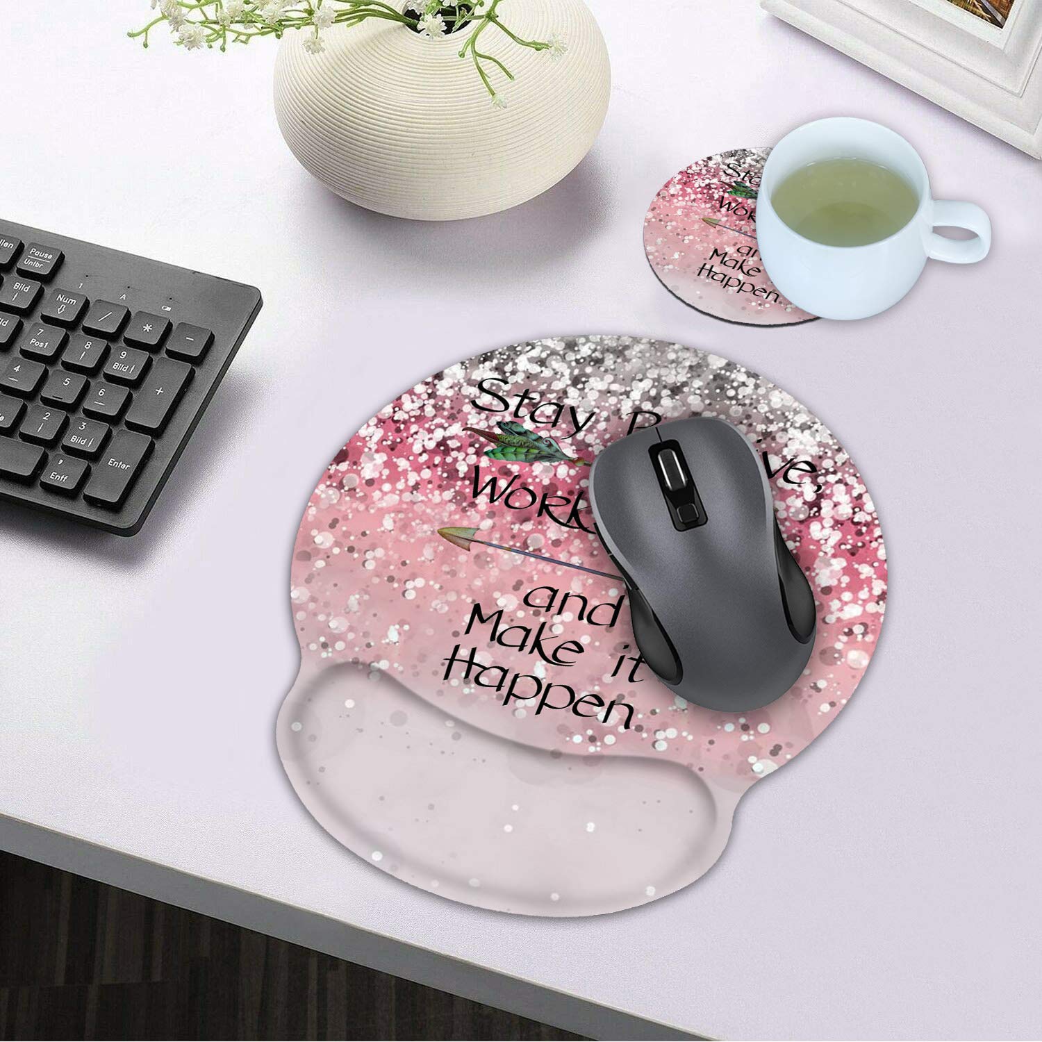 Ergonomic Mouse Pad Wrist Support and Coasters Set, Pink Glitter Stay Positive Work Hard and Make