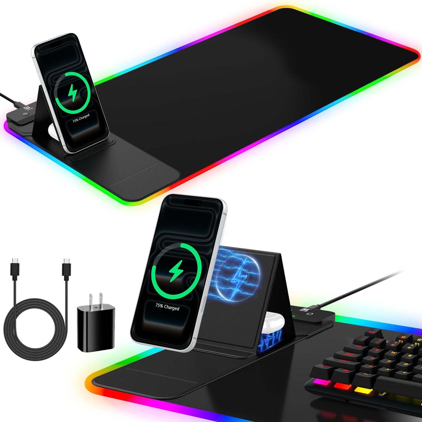RGB Mouse Pad with Foldable Phone Stand Wireless Charger, 31.5"x11.8" XL Gaming Mousepad Large Desk