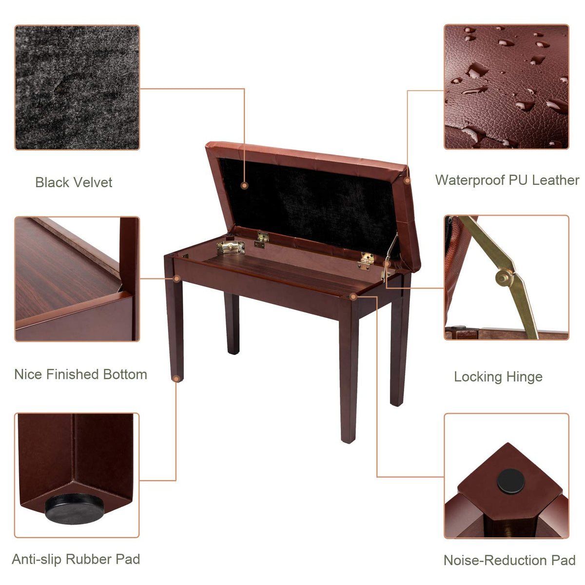 Bonnlo Wooden Duet Piano Bench with Storage, Padded Seat, Brown