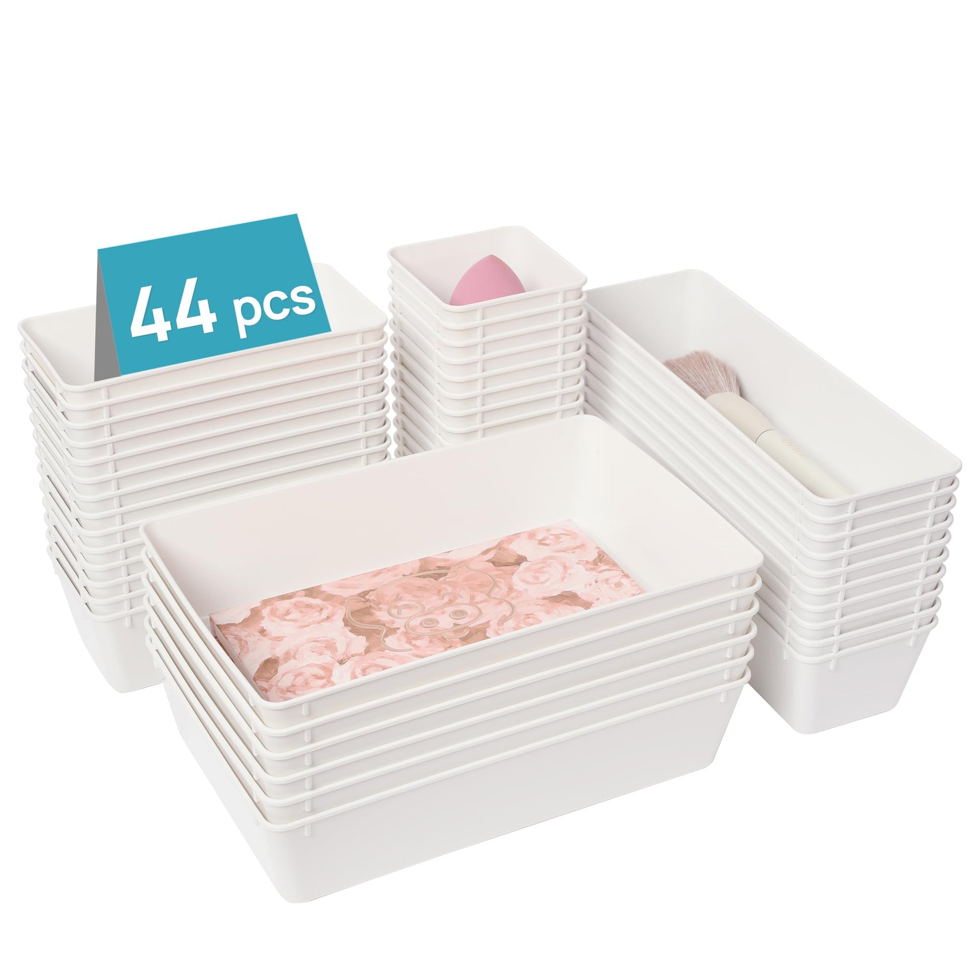 Vtopmart 44 PCS Plastic Drawer Organizer Set, Vanity Organizer Trays, White