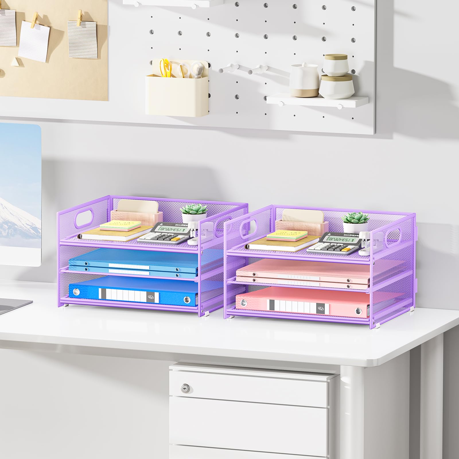 Paper Organizer with Handle,2P-3 Tier Purple Desk Organization Set