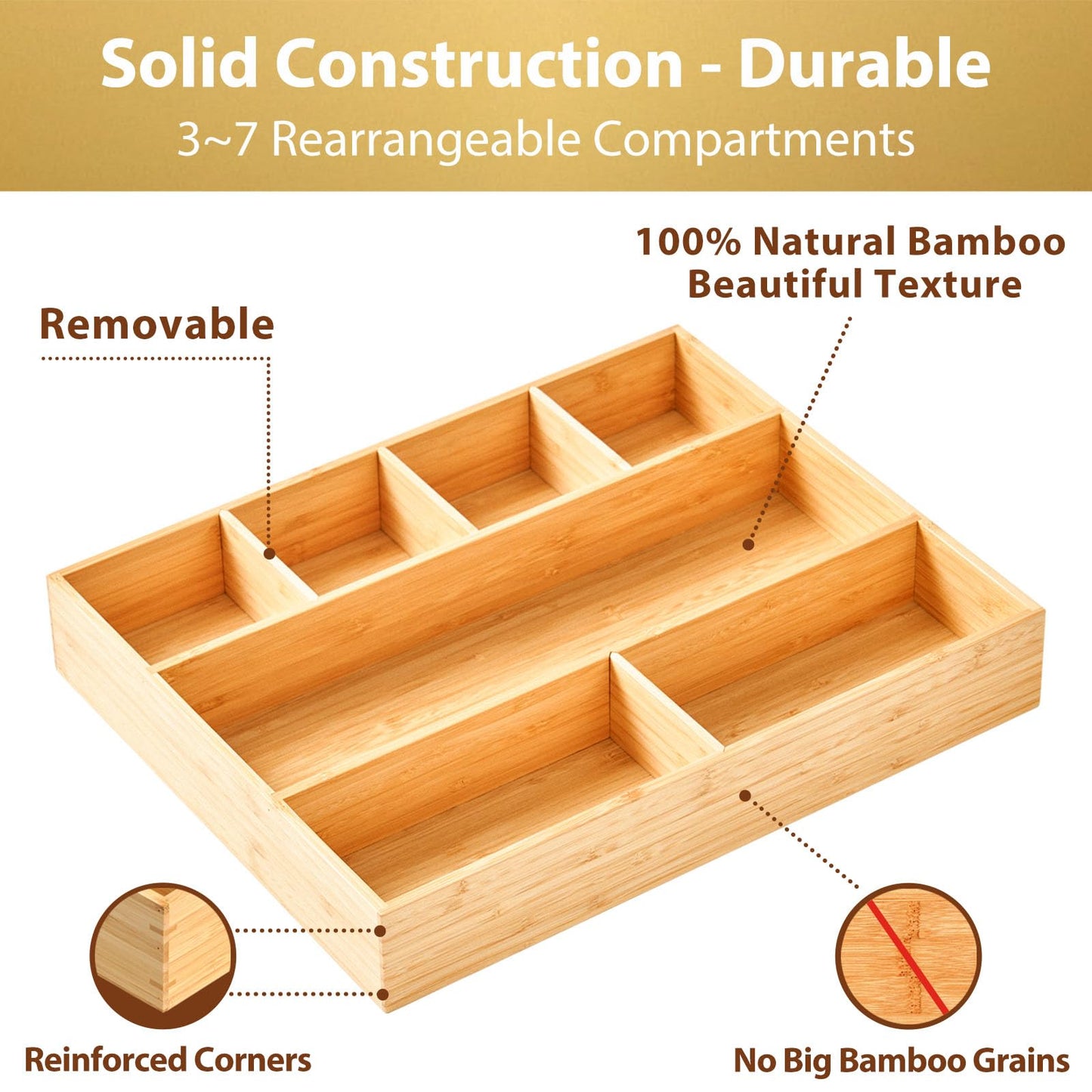 Umilife Large Bamboo Desk Drawer Organizer, Wood Office Junk Tray, 15"x12"