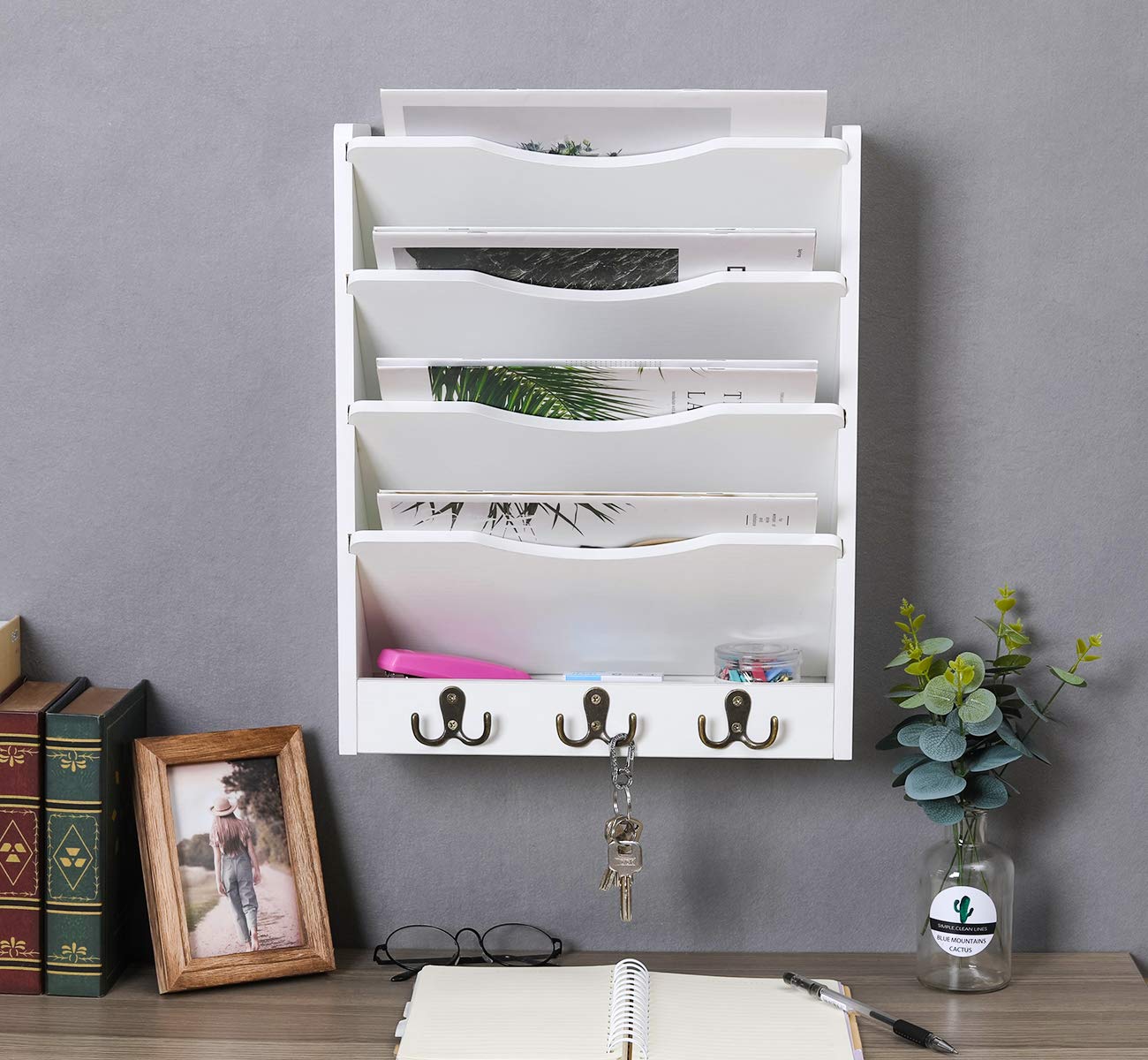 PAG-Mass 5-Tier Wall File Holder Hanging Mail Organizer Wood Magazine Literature Rack with 6 Hooks