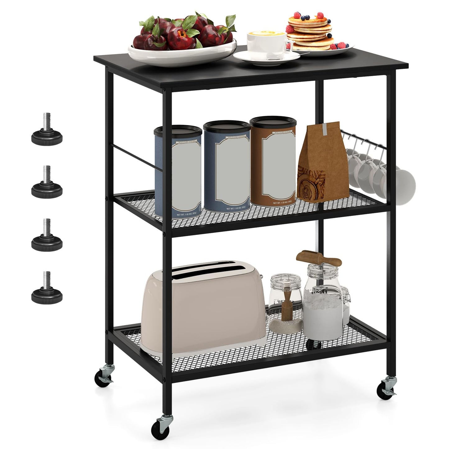 Giantex 3-Tier Small Bakers Rack with Storage Open Shelf, Microwave Cart with Wheels, Industrial