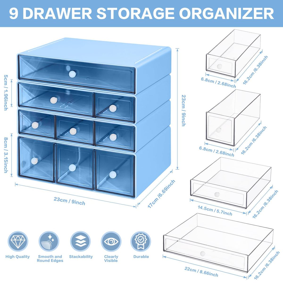 FODIENS Desk Storage Organizer with 9 Drawers, 4 Tiers Stackable Desktop Craft Storage Drawers
