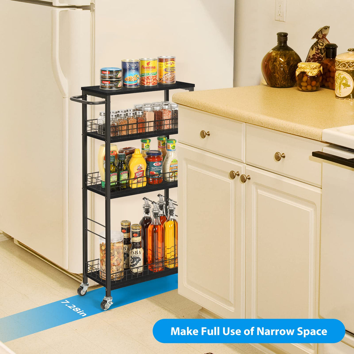 YBING Slim Storage Cart Kitchen Rolling Utility Cart on Wheels 4 Tier Mobile Narrow Cart with Wood