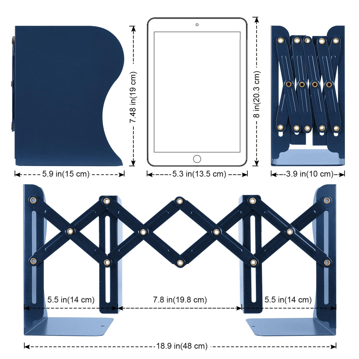 2 Pack Adjustable Metal Book Ends for Heavy Books, Extends Up to 19", Blue