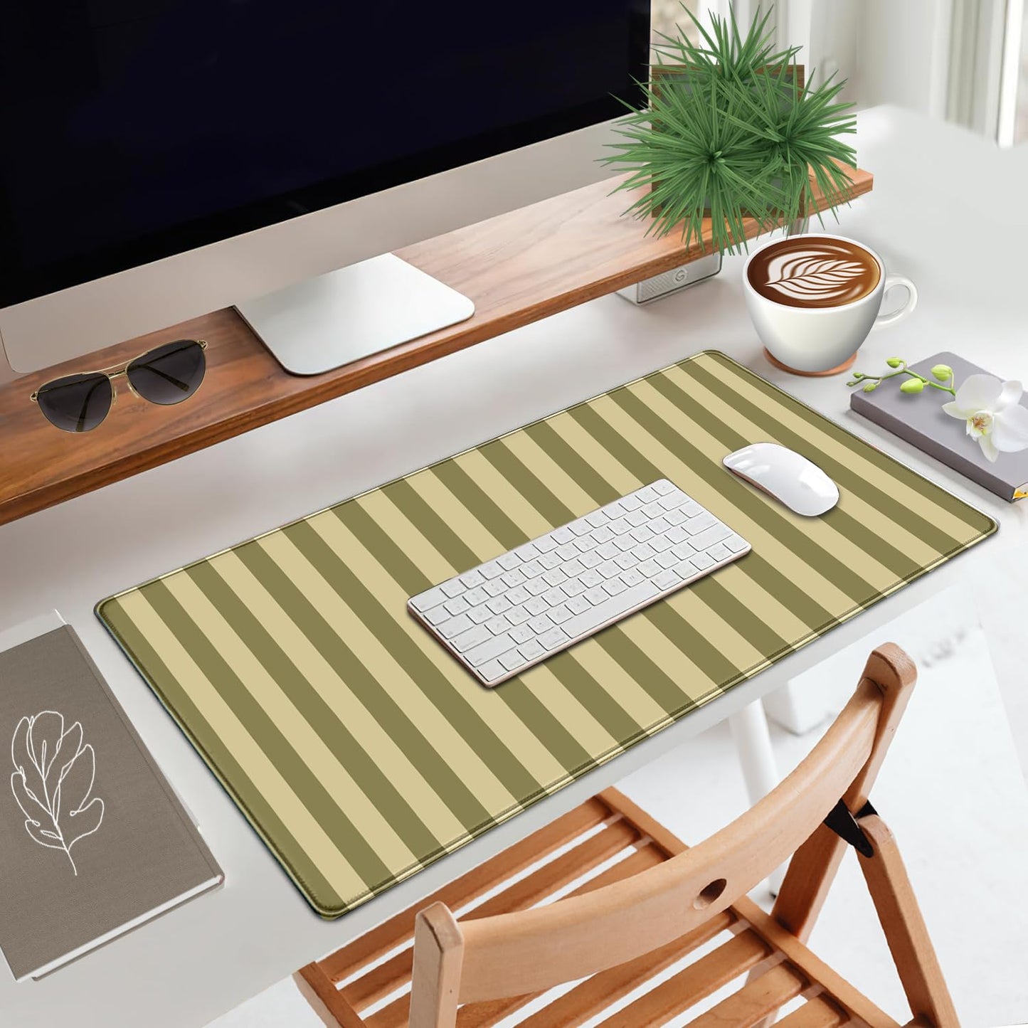 Olive Yellow Striped Desk Mat Cute Pastel XXL Large Gaming Mouse Pad Desk Pad Kawaii Cozy Aesthetic