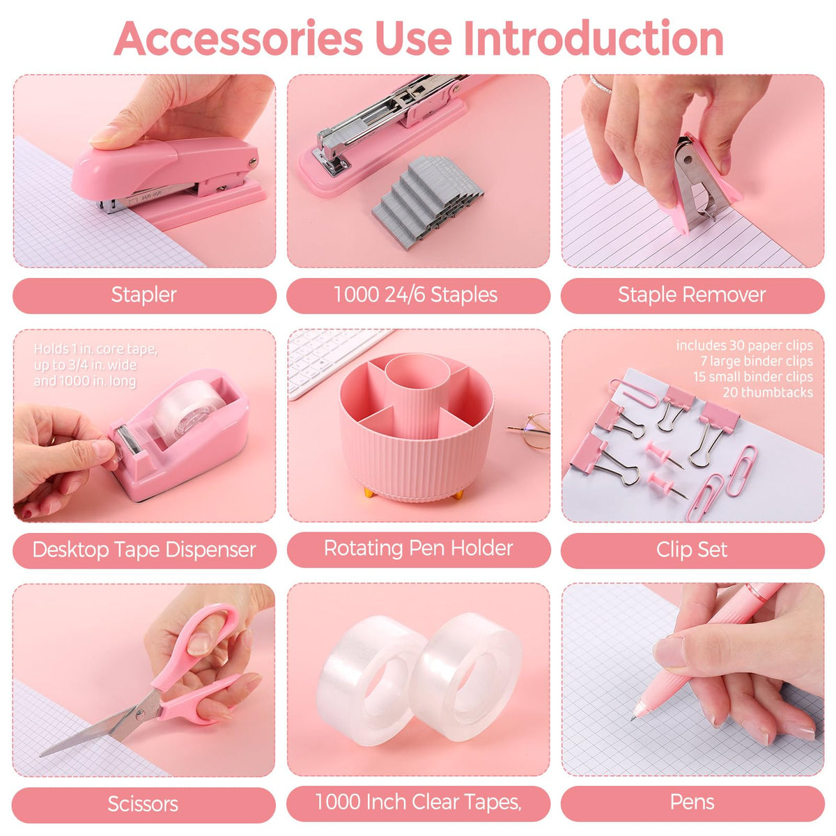 SKYDUE Pink Office Supplies Set, Pencil Holder for Desk,Gel Pen, Stapler, Tape Dispenser