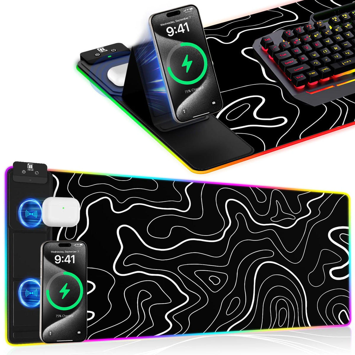 XXL Mouse Pad with Phone Holder - Black, RGB Desk Mat with 15W Fast Charging, LED Gaming Mousepad