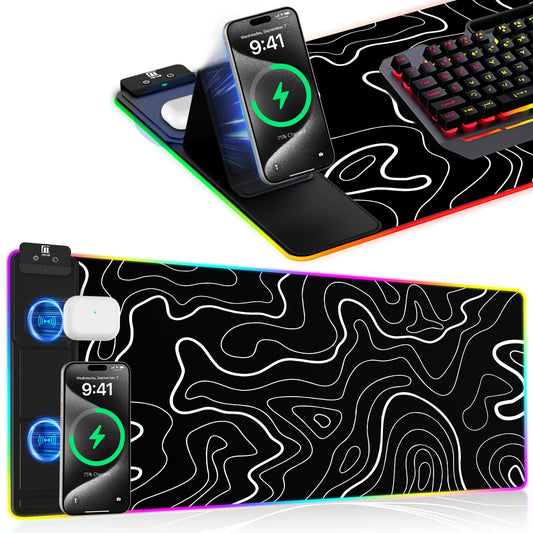XXL Mouse Pad with Phone Holder - Black, RGB Desk Mat with 15W Fast Charging, LED Gaming Mousepad