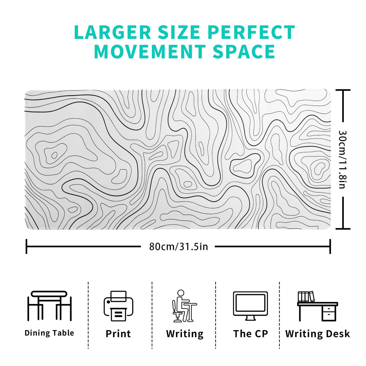 Topographic Contour White Gaming Mouse Pad XL Geographic Map Lines Extended Big Large Desk Mat