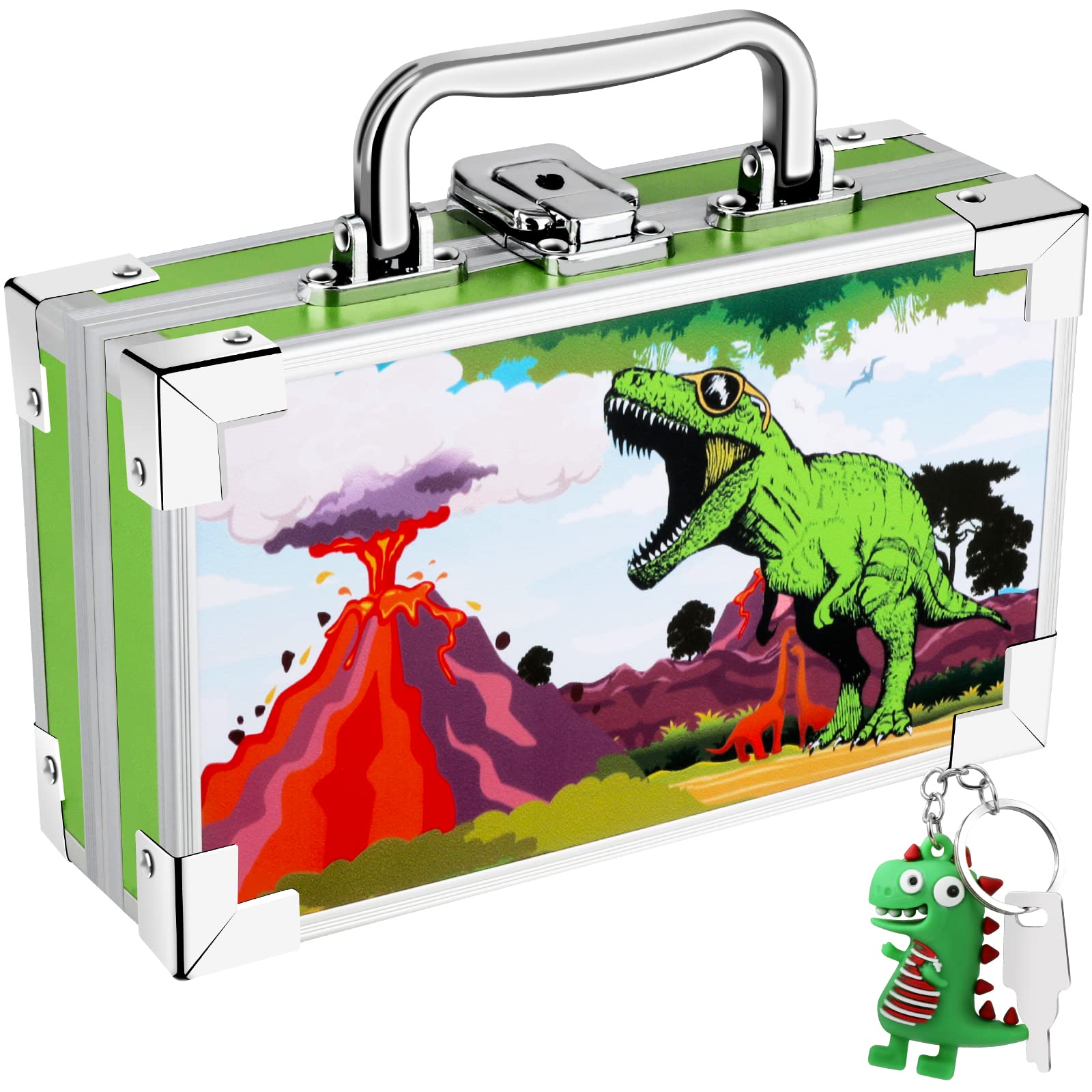 JYPS Dinosaur Pencil Box for Boys & Girls, Lock Box with Portable Handle and Dinosaur Keychain