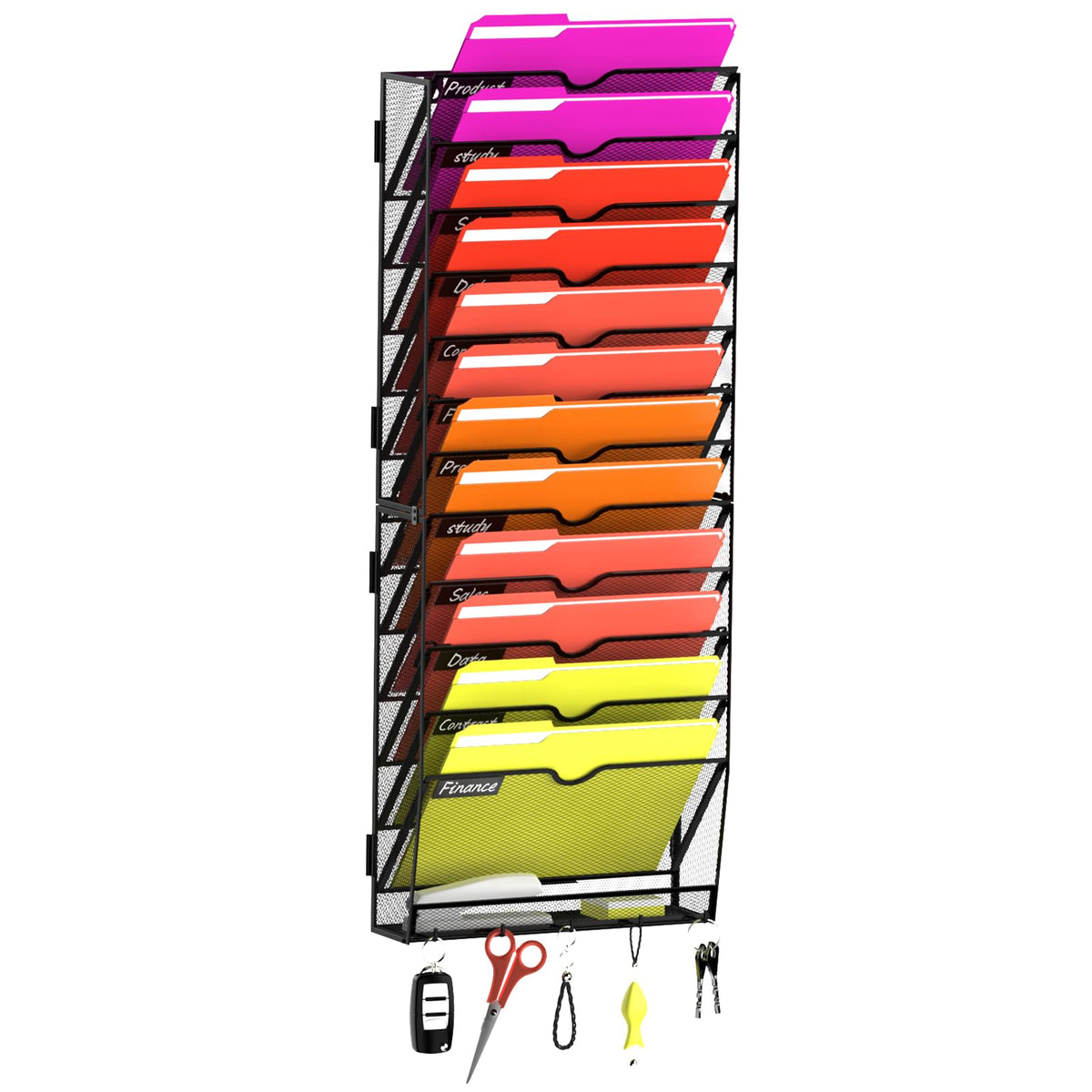 13-Tier Wall File Organizer with Base and Hooks, Hanging Organizer, Black