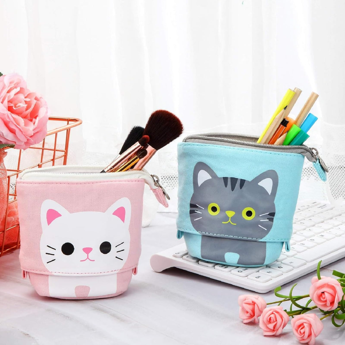 Outus 3 Pcs Standing Pencil Case, Gray, Black, White Cat
