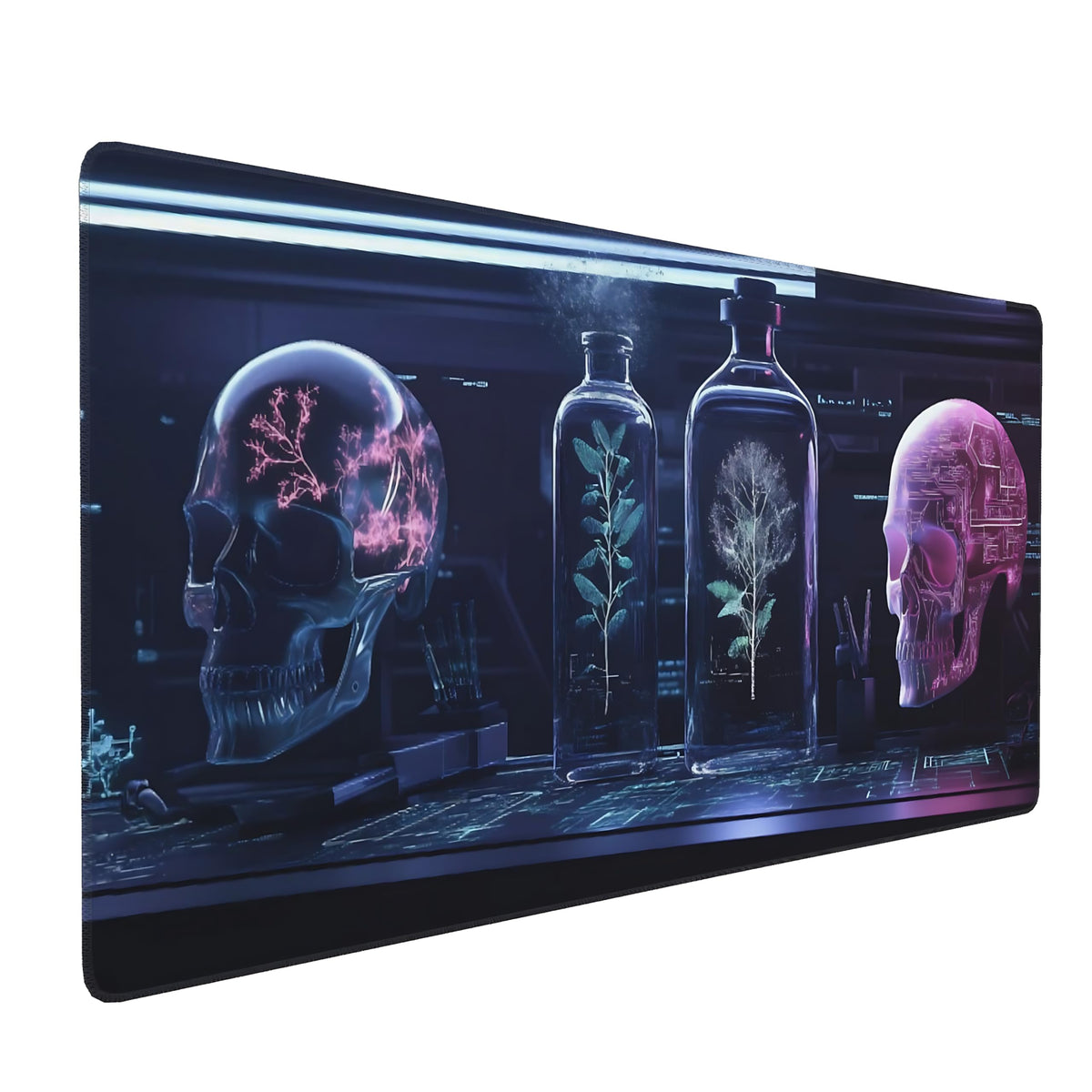 Aesthetic Skull Gaming Mouse Pad, Purple Cyber Desk Mat with Anti-Slip Base & Stitched Edges,35.4"
