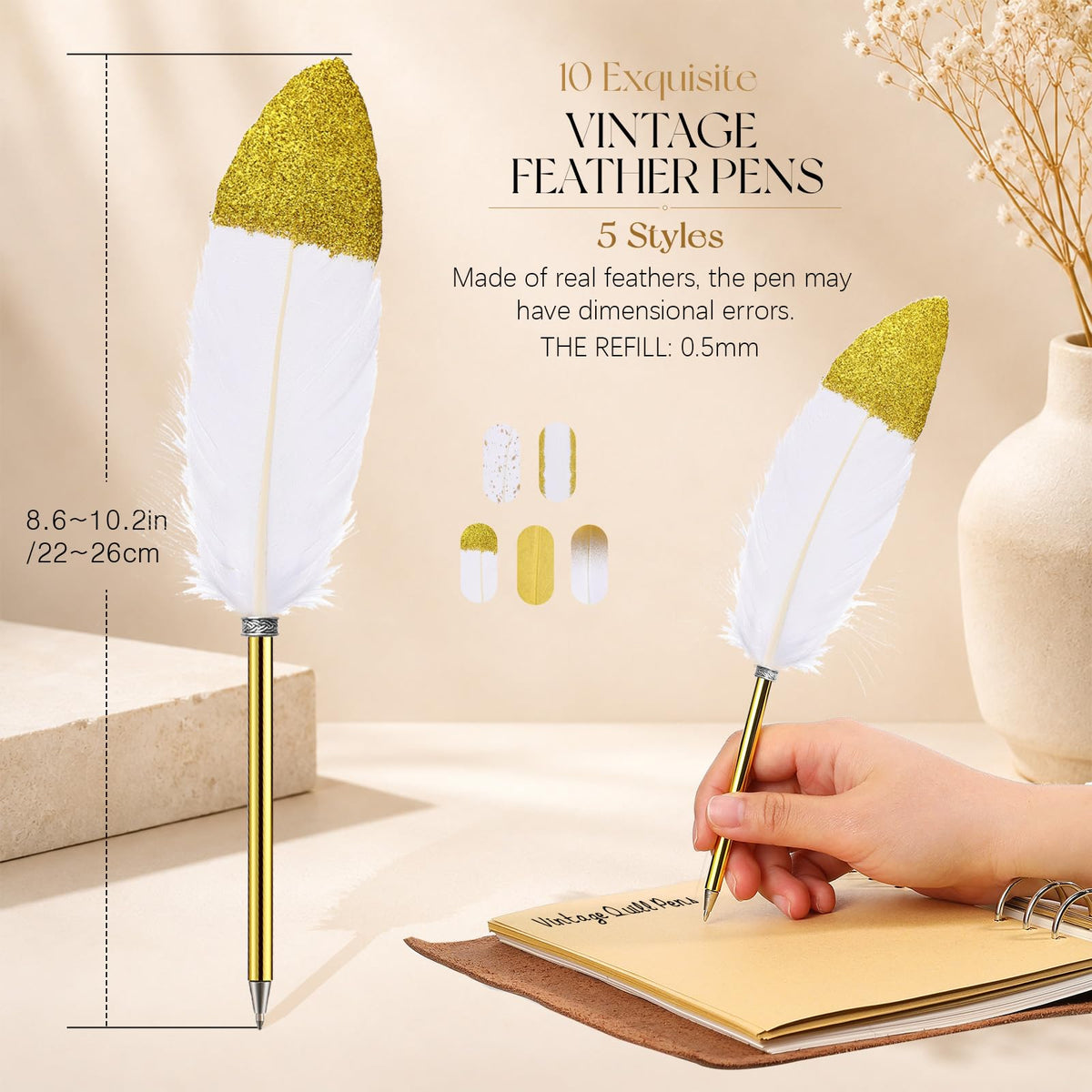Chivao Feather Pens, Gold and White, 20 Pcs