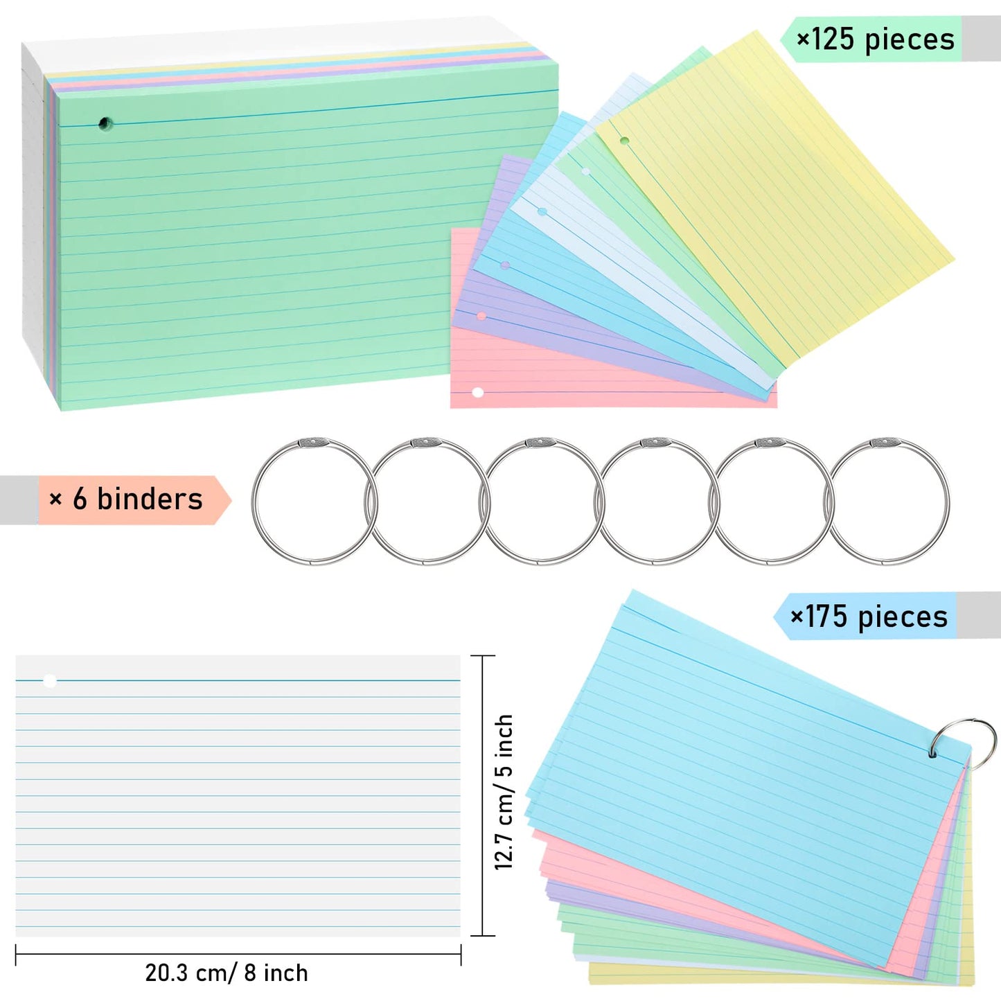 Epakh 300 Pcs Index Cards with Rings, 5 x 8 Inch, Light Color