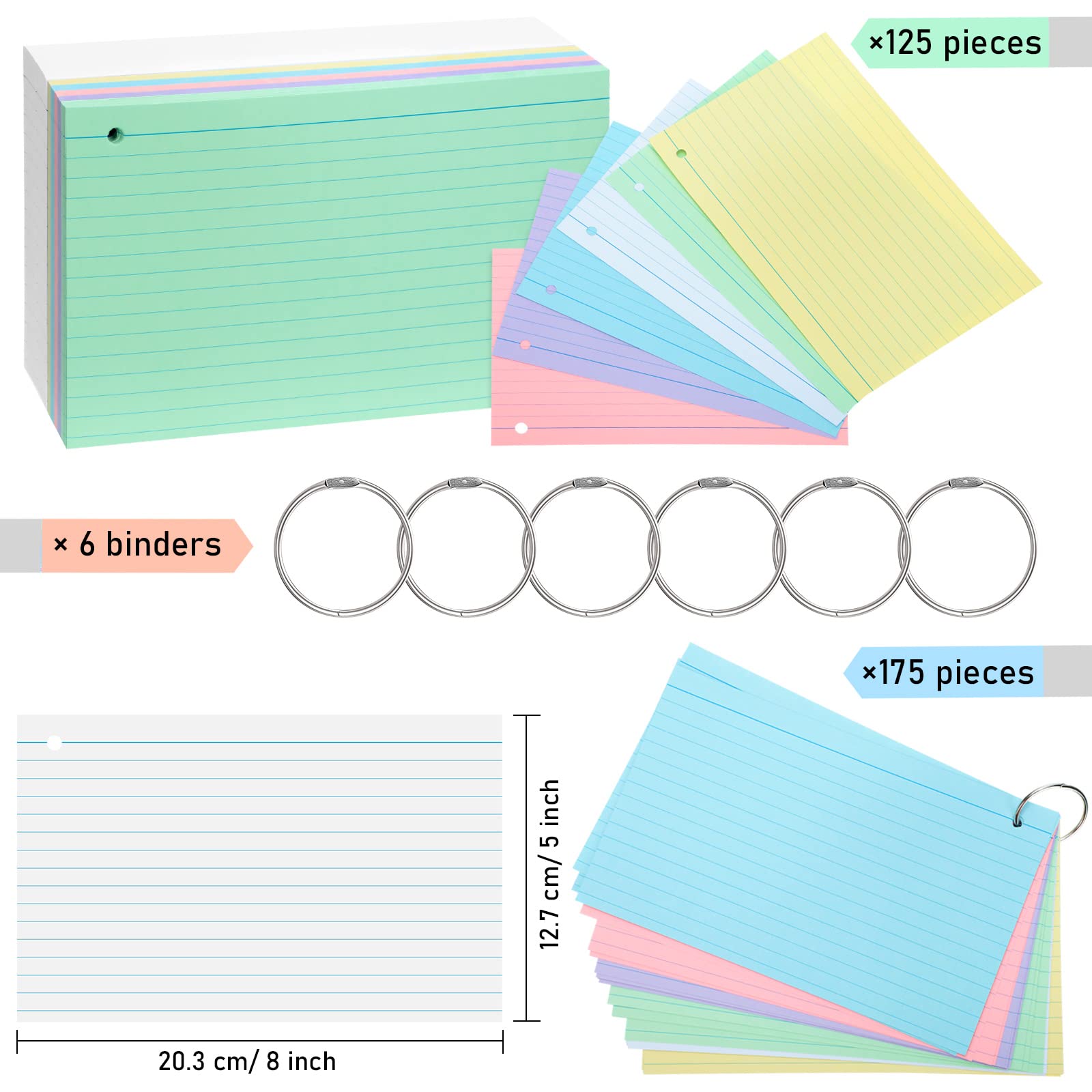 Epakh 300 Pcs Index Cards with Rings, 5 x 8 Inch, Light Color