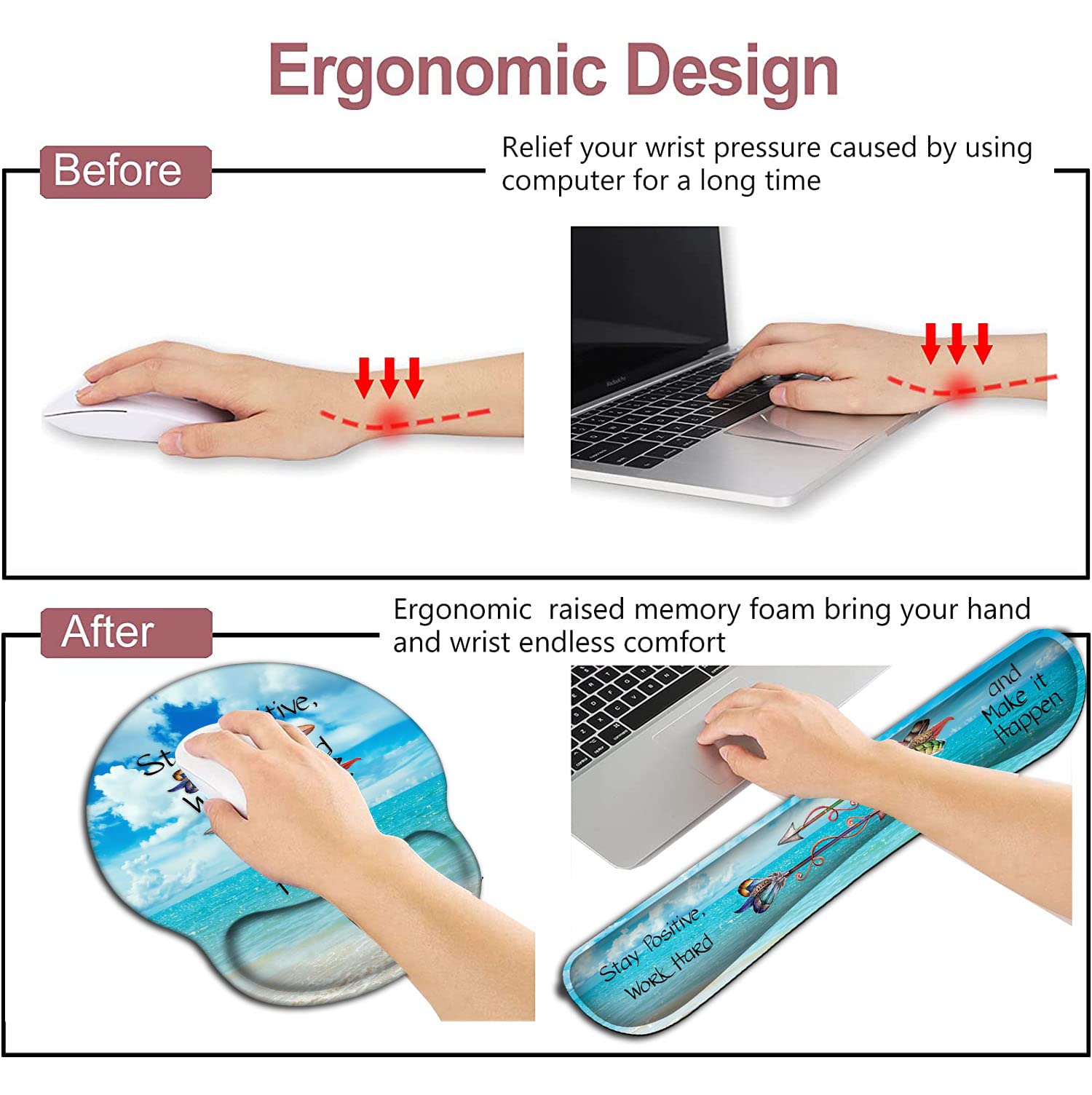 Mouse Pad Square Beach Style Anti-Slip Rubber Mousepad with Durable Stitched Edges for Gaming
