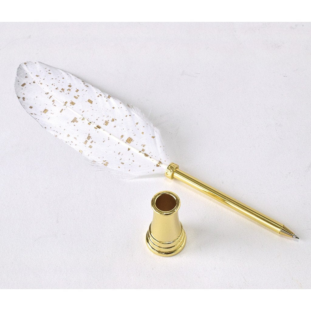 SPICE OF LIFE Feather Quill Pen & Stand Holder - Sparkling White - Ballpen Set, Office/School