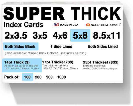1,000 SUPER THICK index cards/ 5"x8" / 14pt (0.014") 100lb cardstock/BLANK un-ruled/archival