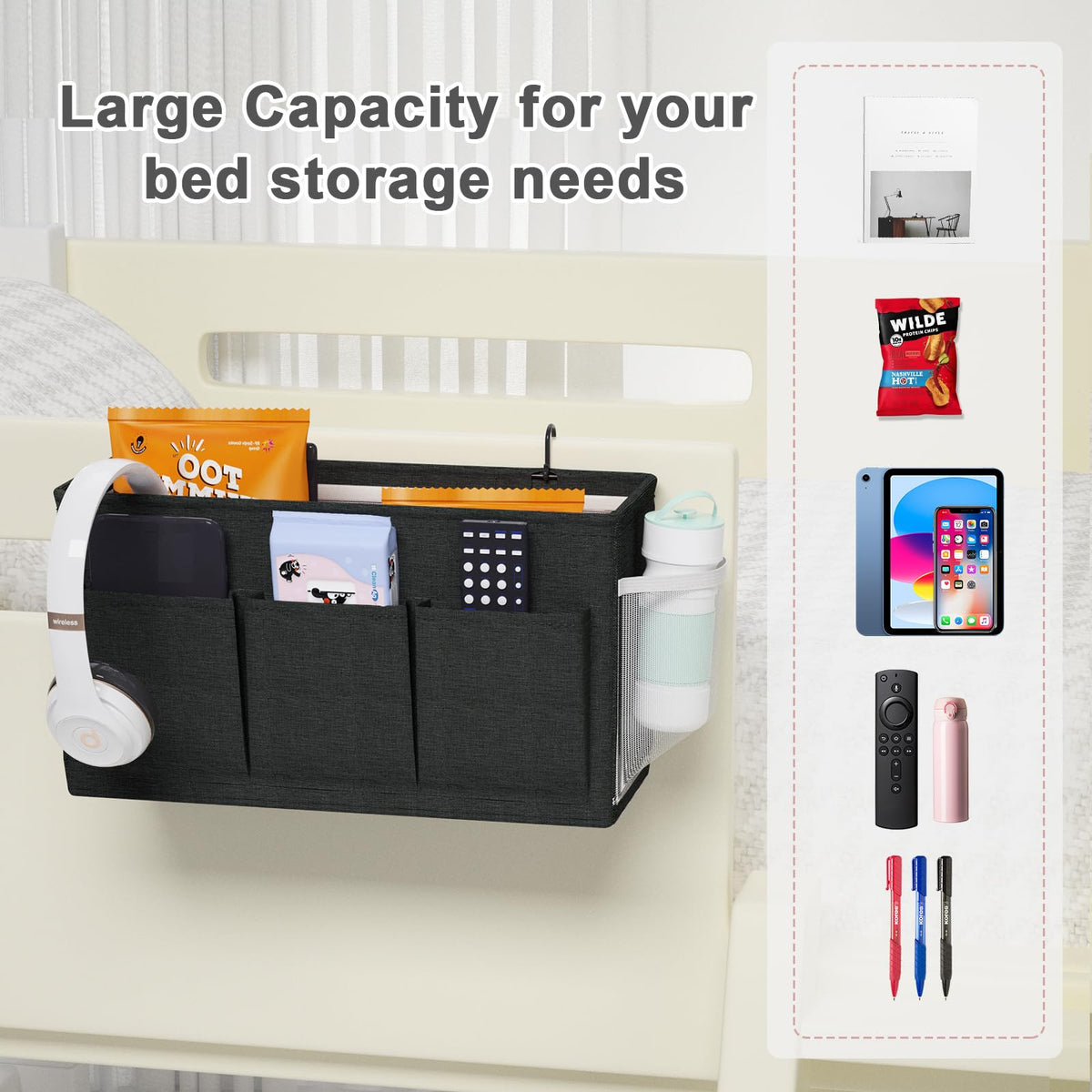 Bedside Caddy Storage Organizer for Bed Rails, Bed Caddy with 6 Pockets