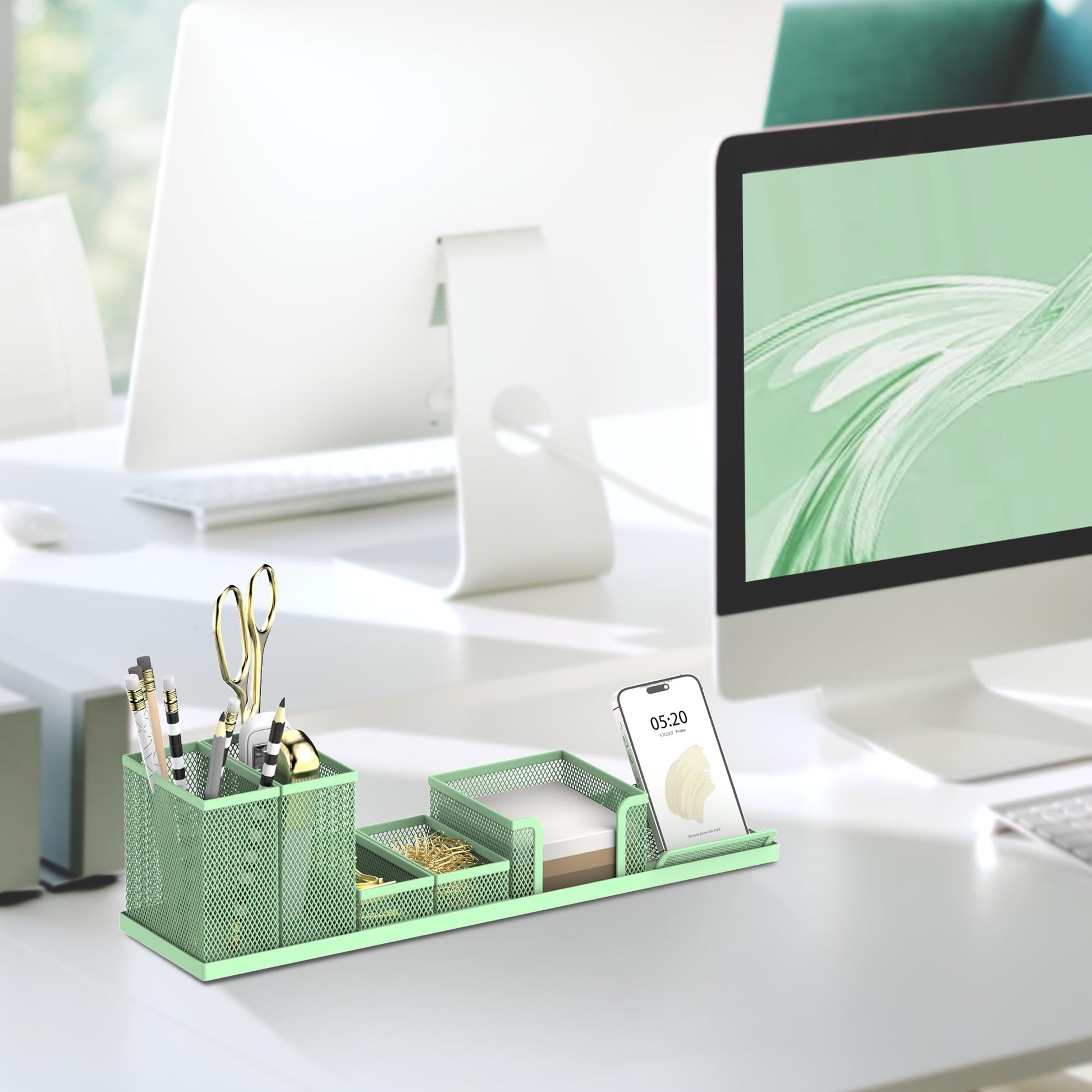 Pen Holder for Desk, 6-Piece Mesh Desk Organizer with Phone Holder, Green