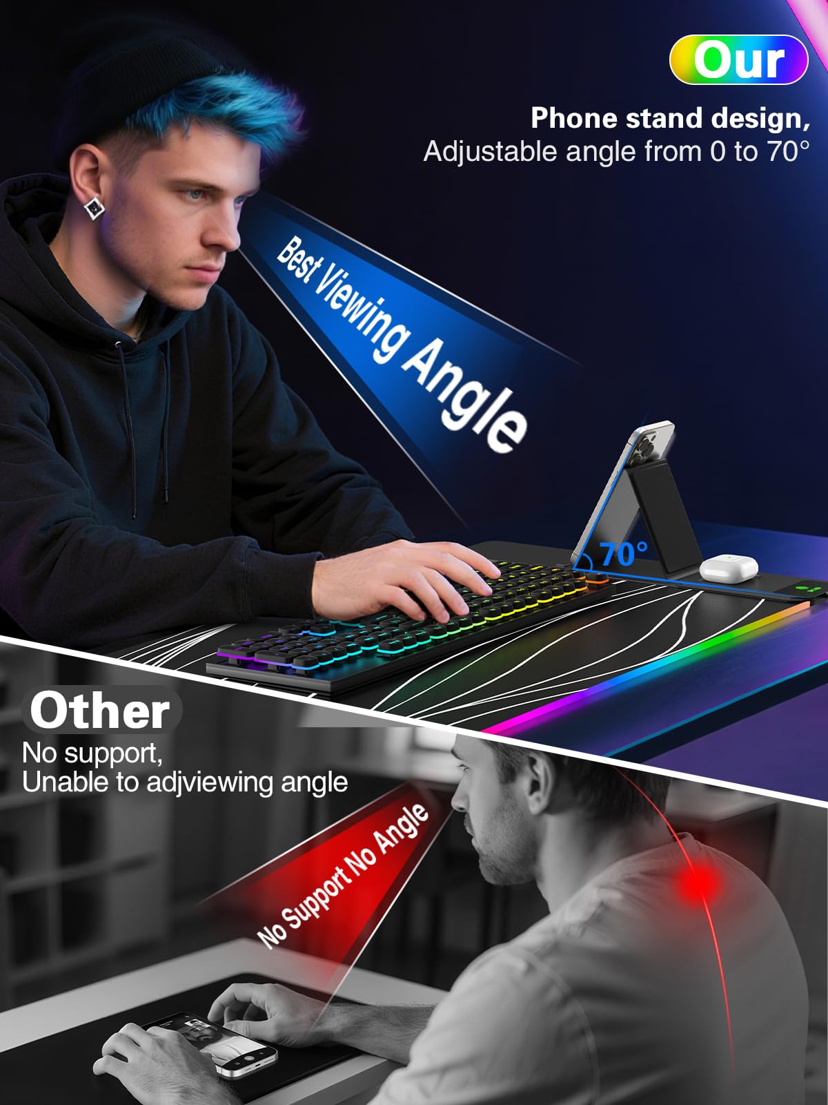 Mouse Pad with Foldable Phone Holder & Wireless Charger, XXL RGB Gaming Mousepad 31.5"x15.8" Large