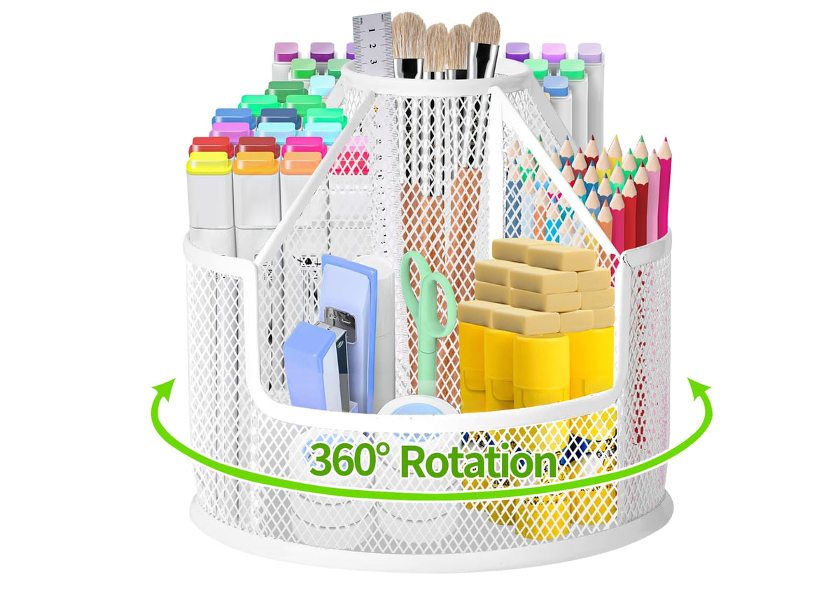 RURYEURT Sturdy Rotating Pen Holder, Cute Metal Pencil Holder, Large Mesh Pen Organizer for Desk