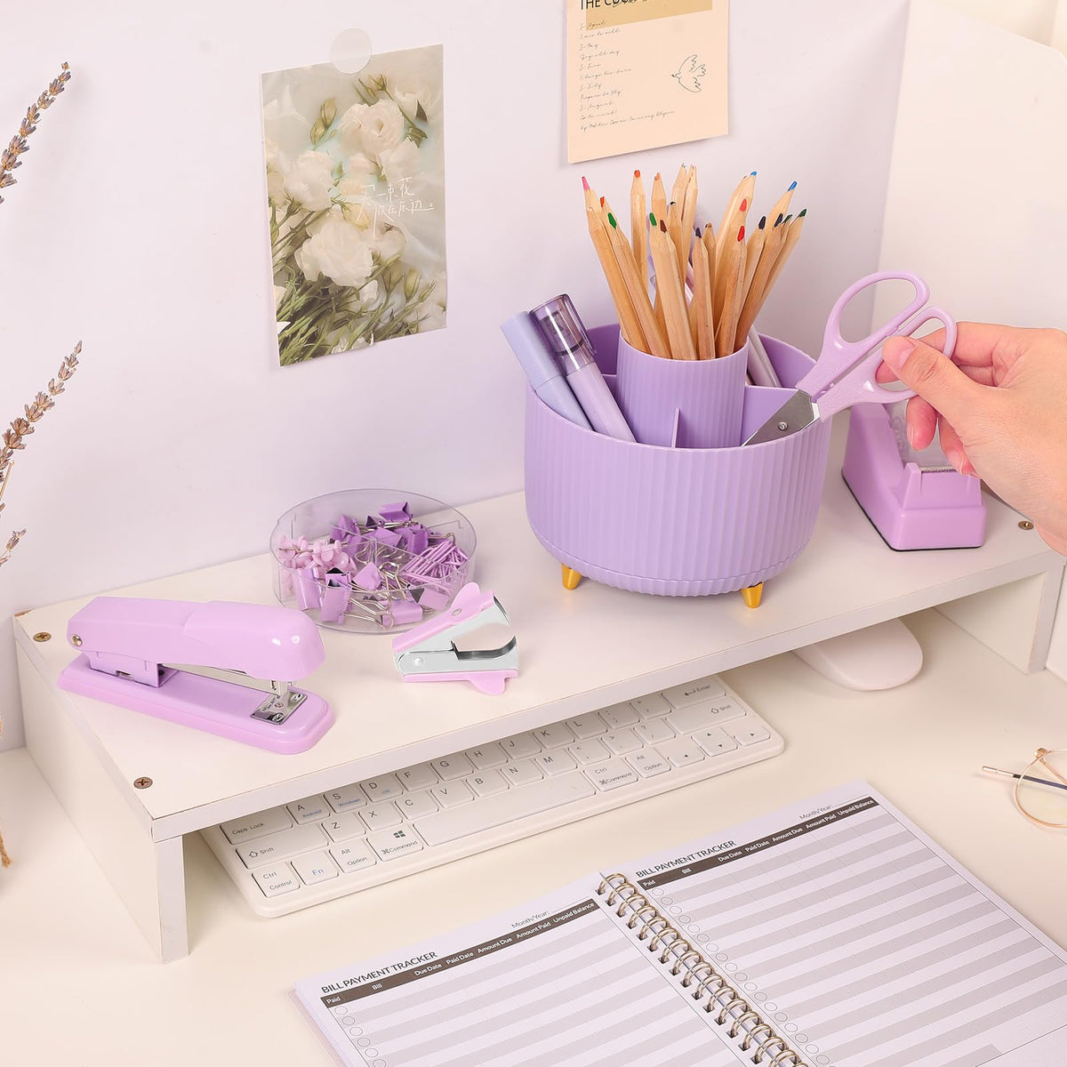 SKYDUE Purple Office Supplies Set with Pencil Holder for Desk,11 PCS