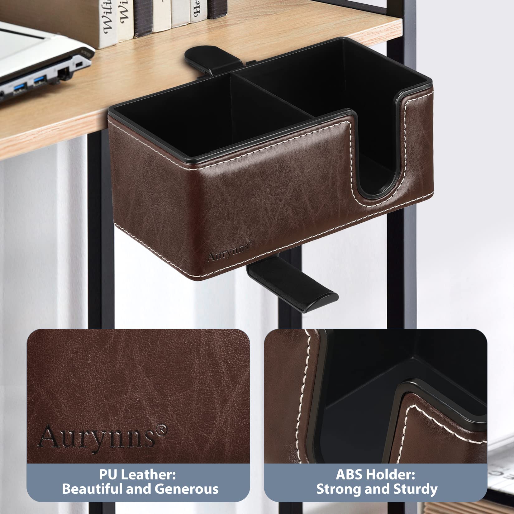 Under Desk Cup Holder Clamp on Cup Holder PU Leather Clip on Desk Organizer