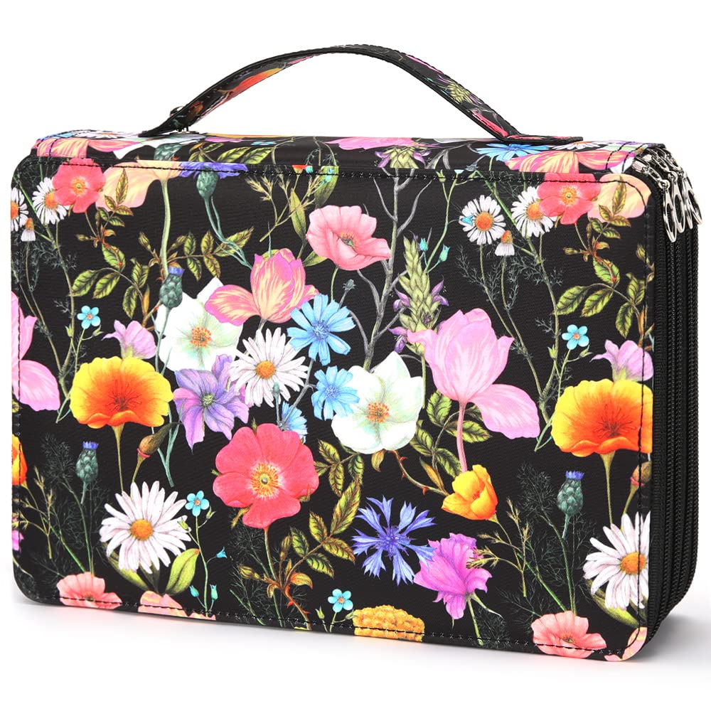Vomgomfom 200 Slots Pencil Case 4-Layer PU Leather, Handle, Black Flower