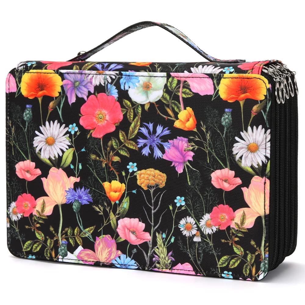 Vomgomfom 252 Slots Pencil Case 5-Layer PU Leather, Handle, Black Rose