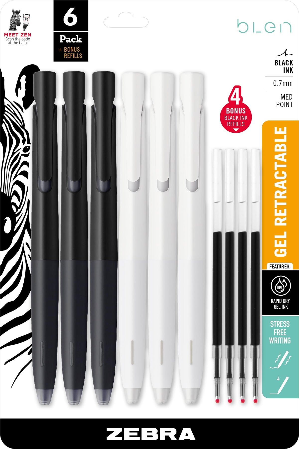 Zebra Pen bLen White and Black Retractable Gel Pen, Black Ink, 0.7mm, 6-Pk