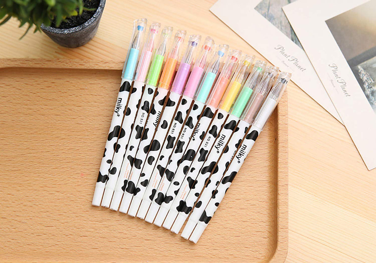 Giant star 12 Pack Diamond Gel Pen Milky Cow Pens,set of 12 Assorted Colors(Milk 12 Pcs)