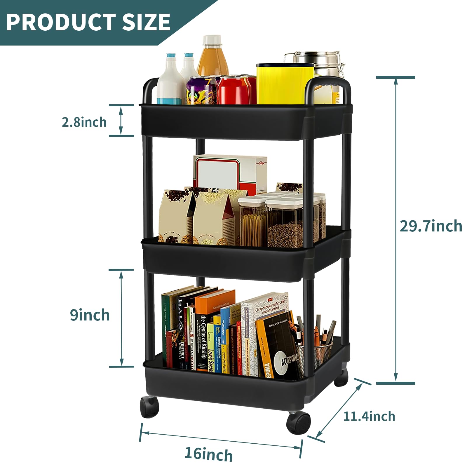 EZ COZY 3 Tier Rolling Cart, Plastic Diaper Cart Organizer with Wheels, Roller Cart for Diapers