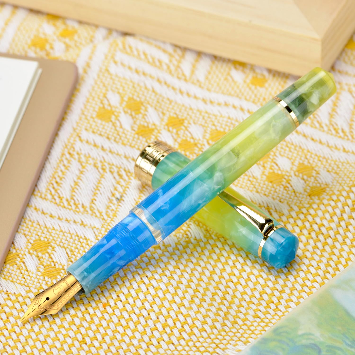 Asvine P20 Piston Fountain Pen, Stub Nib 1.1mm Calligraphy Art Drawing Gradual Yellow Acrylic with