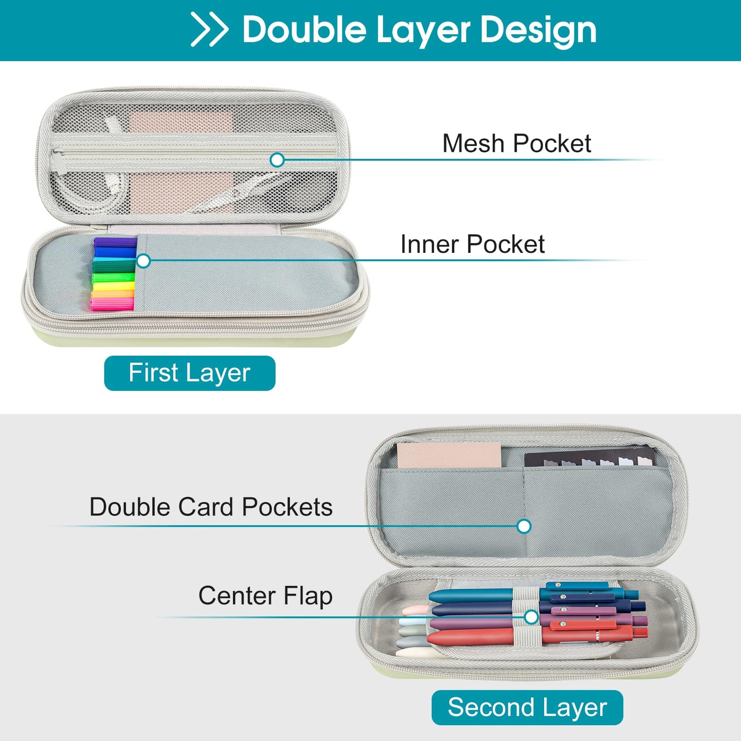 ProCase 2-Layer Hard Pencil Case, Large Capacity Storage Pouch, Sagegreen