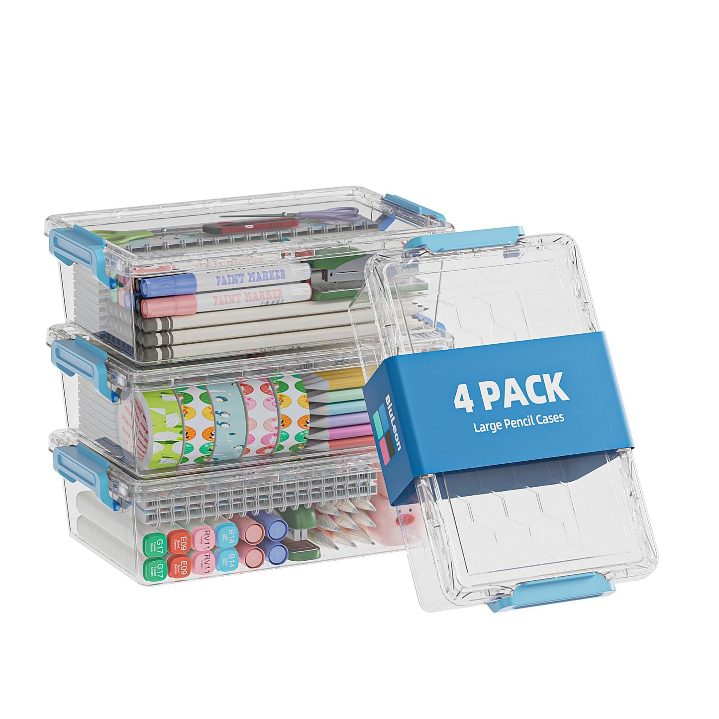 BiuLeon 4 Pack Extra Large Pencil Box, Plastic Pencil Case Organizer, Clear Crayon Box Marker